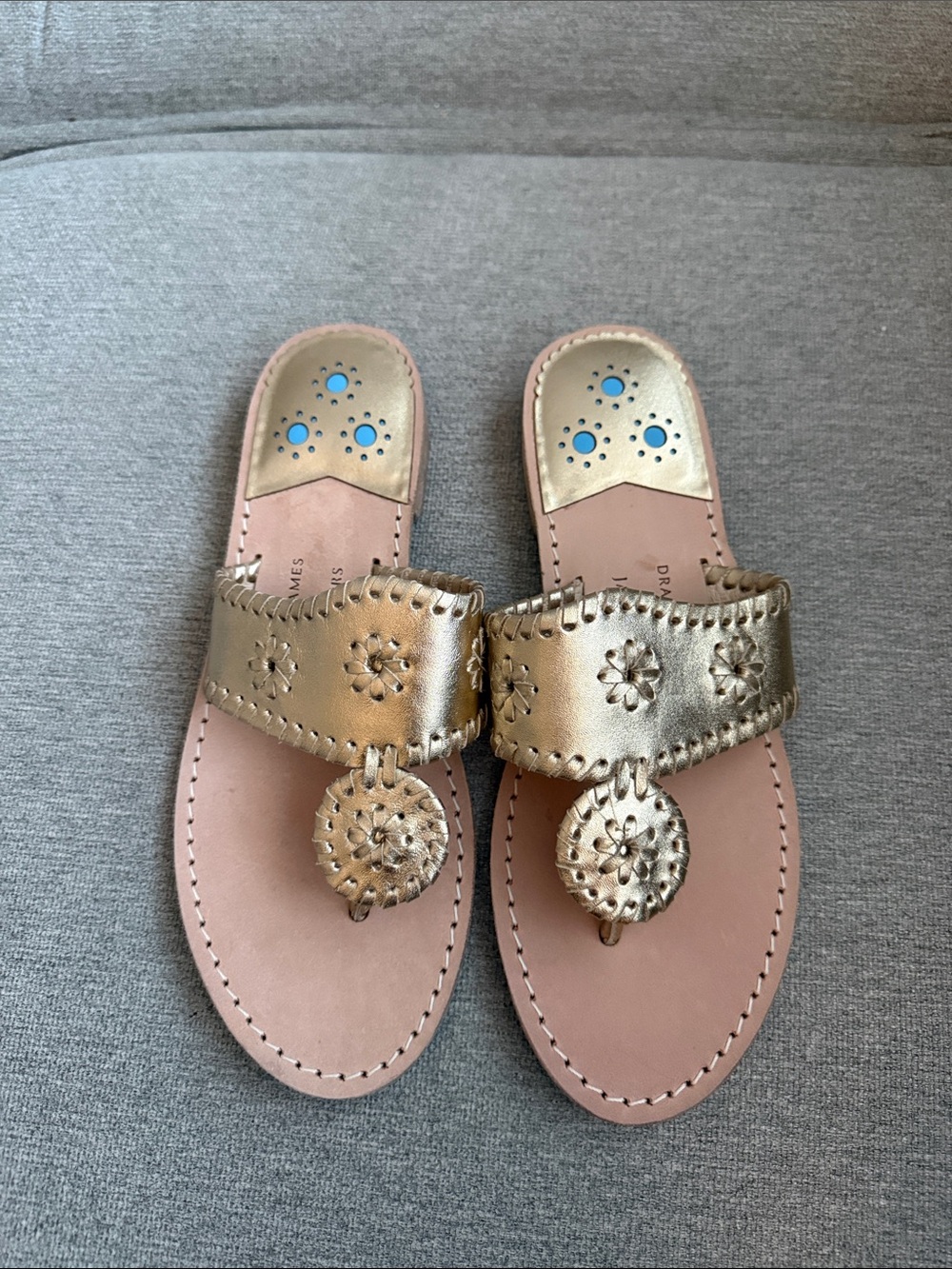 Draper James Gold Leather Thong Sandals with Decorative Medallions